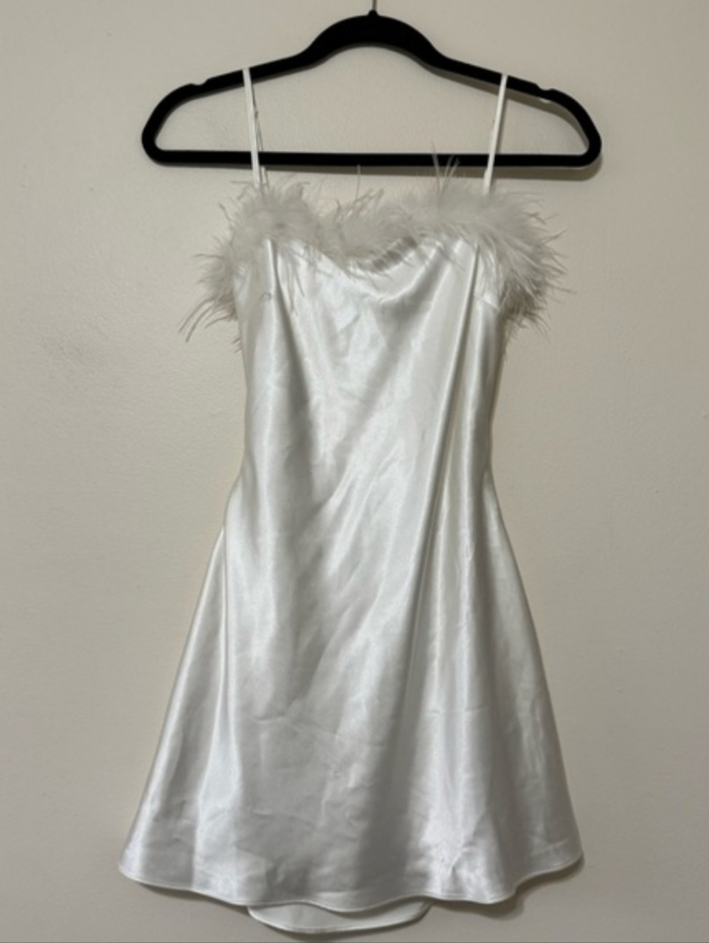 White Feather-Trim Satin Mini Dress - Women